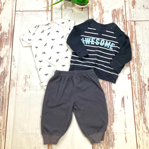 Carter’s 3 Piece Outfit Sweater Short Sleeve Bodysuit & Pants Steel Gray Sz 6M - Picture 1 of 15